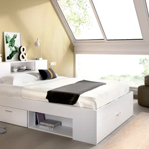 Bed met opbergruimte 140 x 190 cm Kleur: wit + bedbodem – LEANDRE Bed met opbergruimte 140 x 190 cm Kleur: wit + bedbodem – LEANDRE