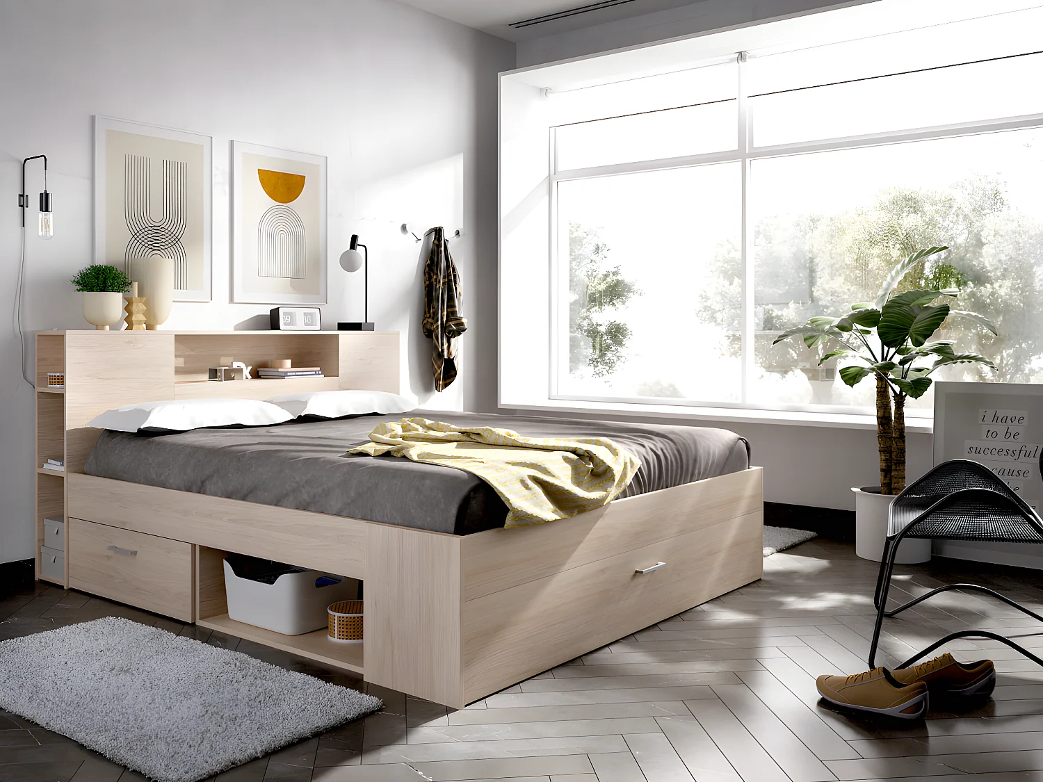 Bed met opbergruimte 140 x 190 cm Kleur: naturel + bedbodem - LEANDRE