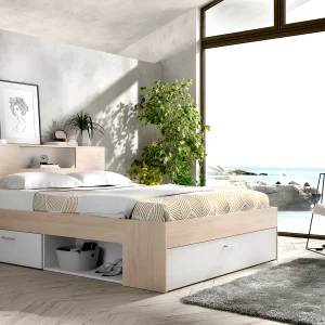Bed met opbergruimte 140 x 190 cm Kleur: naturel en wit + bedbodem – LEANDRE Bed met opbergruimte 140 x 190 cm Kleur: naturel en wit + bedbodem – LEANDRE