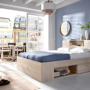 Bed met opbergruimte 160 x 200 cm Kleur: naturel + bedbodem – LEANDRE Bed met opbergruimte 160 x 200 cm Kleur: naturel + bedbodem – LEANDRE