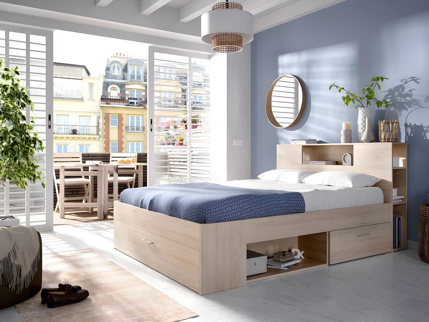 Bed met opbergruimte 160 x 200 cm Kleur: naturel + bedbodem - LEANDRE