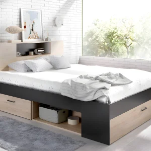 Bed met opbergruimte 160 x 200 cm Kleur: naturel en antraciet + bedbodem – LEANDRE Bed met opbergruimte 160 x 200 cm Kleur: naturel en antraciet + bedbodem – LEANDRE