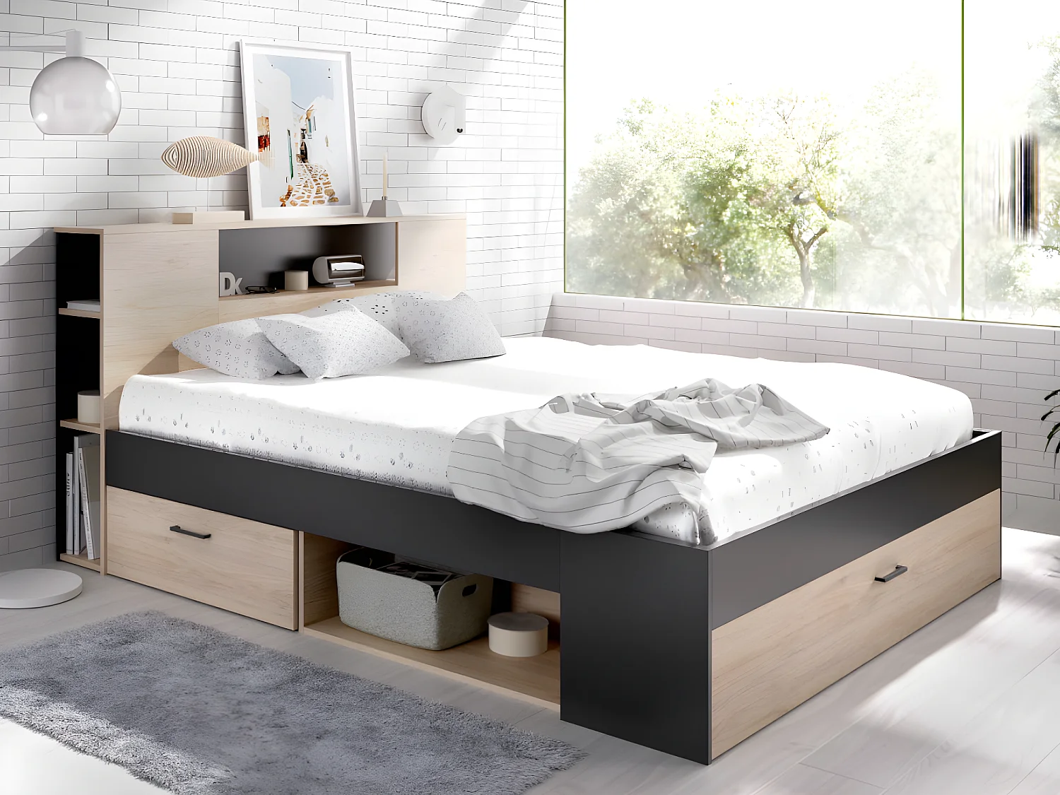Bed met opbergruimte 160 x 200 cm Kleur: naturel en antraciet + bedbodem - LEANDRE