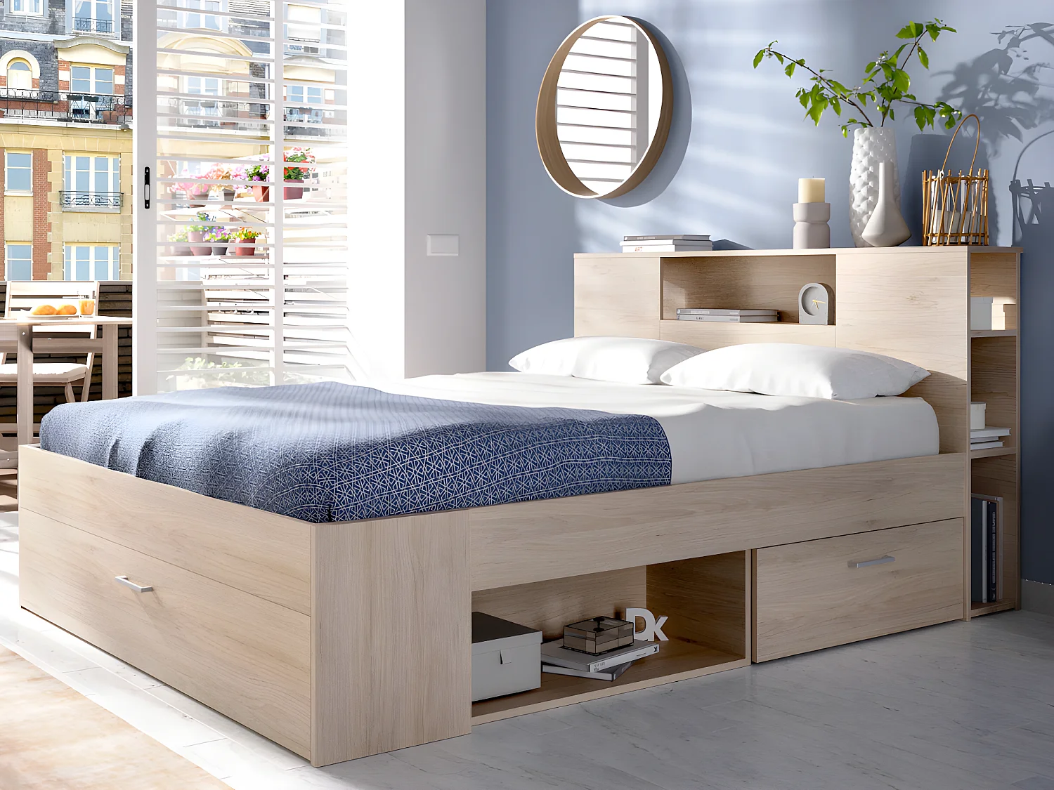 Bed met opbergruimte 160 x 200 cm Kleur: naturel + bedbodem + matras - LEANDRE