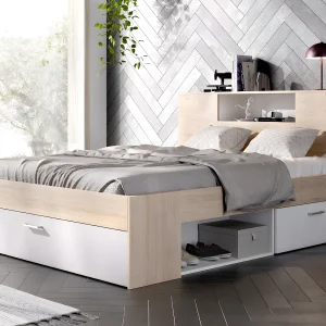 Bed met opbergruimte 160 x 200 cm Kleur: naturel en wit + bedbodem + matras – LEANDRE Bed met opbergruimte 160 x 200 cm Kleur: naturel en wit + bedbodem + matras – LEANDRE