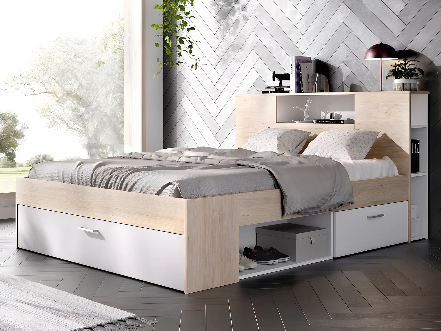 Bed met opbergruimte 160 x 200 cm Kleur: naturel en wit + bedbodem + matras - LEANDRE