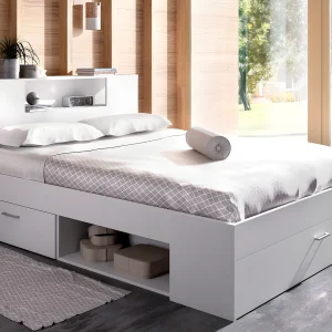 Bed met opbergruimte 160 x 200 cm Kleur: wit + bedbodem + matras – LEANDRE Bed met opbergruimte 160 x 200 cm Kleur: wit + bedbodem + matras – LEANDRE