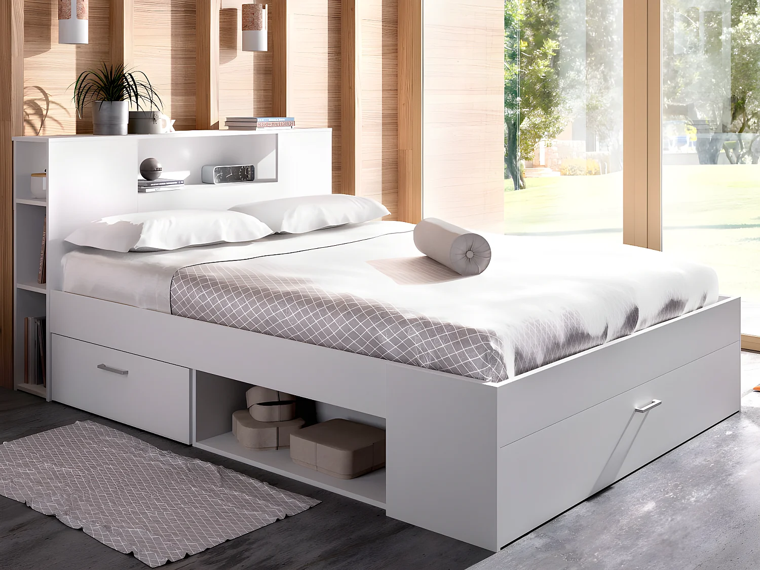 Bed met opbergruimte 160 x 200 cm Kleur: wit + bedbodem + matras - LEANDRE