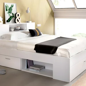 Bed met opbergruimte 140 x 190 cm Kleur: wit + bedbodem + matras – LEANDRE Bed met opbergruimte 140 x 190 cm Kleur: wit + bedbodem + matras – LEANDRE
