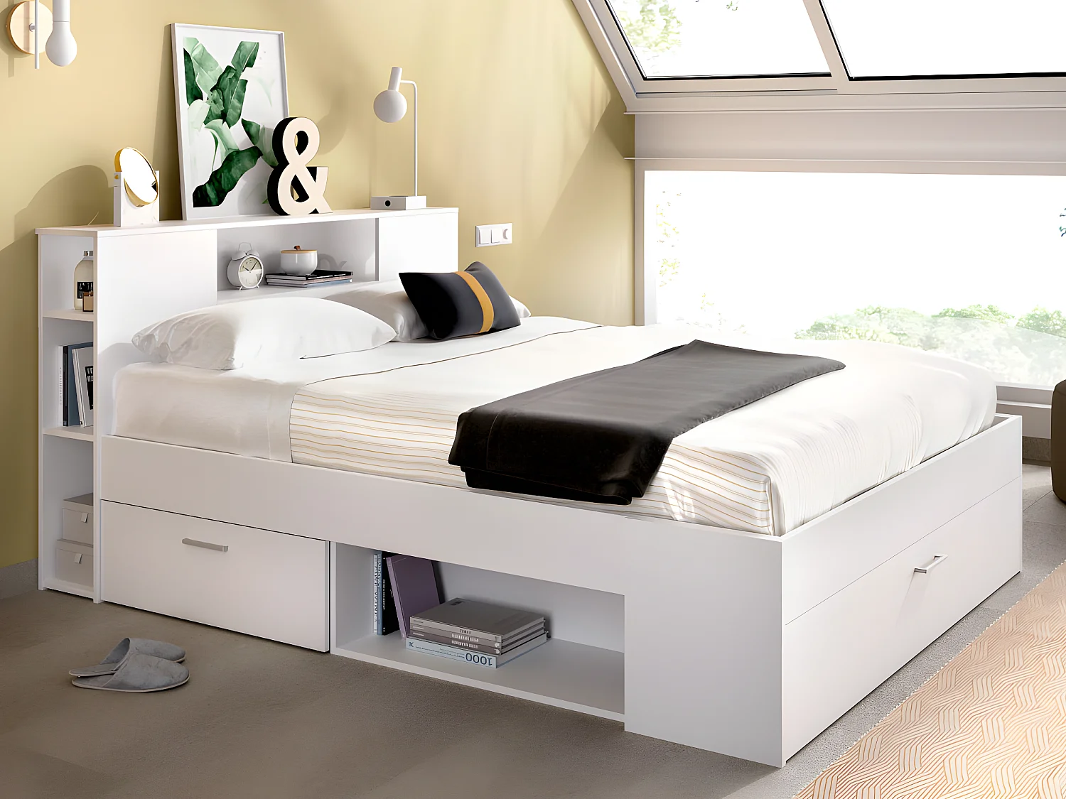 Bed met opbergruimte 140 x 190 cm Kleur: wit + bedbodem + matras - LEANDRE