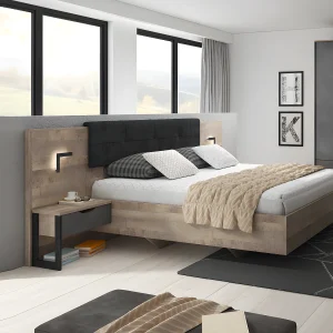 Bed met nachtkastjes – 160 x 200 cm – Ledverlichting – Houtlook en antraciet + bedbodem – LAONILE