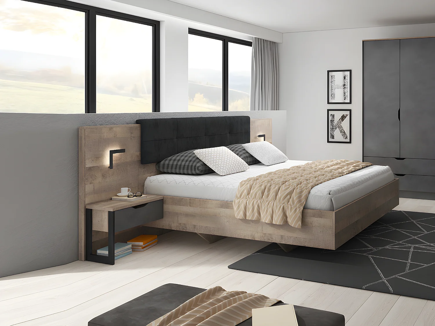 Bed met nachtkastjes - 160 x 200 cm - Ledverlichting - Houtlook en antraciet + bedbodem - LAONILE