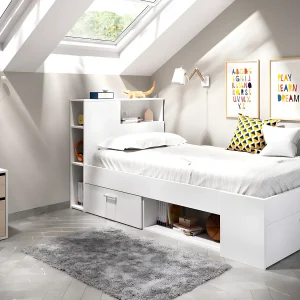 Bed met hoofdbord, opbergruimte en lade – 90 x 190 cm – Wit + Bedbodem – LEANDRE Bed met hoofdbord, opbergruimte en lade – 90 x 190 cm – Wit + Bedbodem – LEANDRE