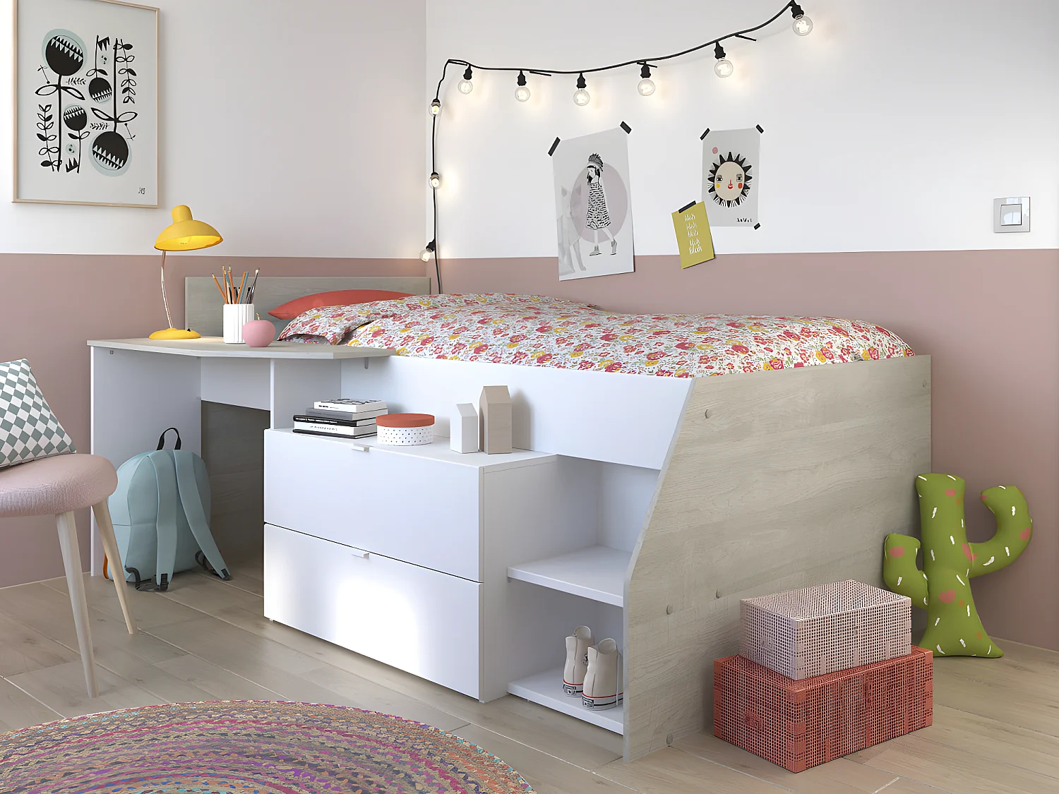 Bed met bureau en opbergruimte - 90 x 200 cm - Wit en naturel + Bedbodem - GISELE