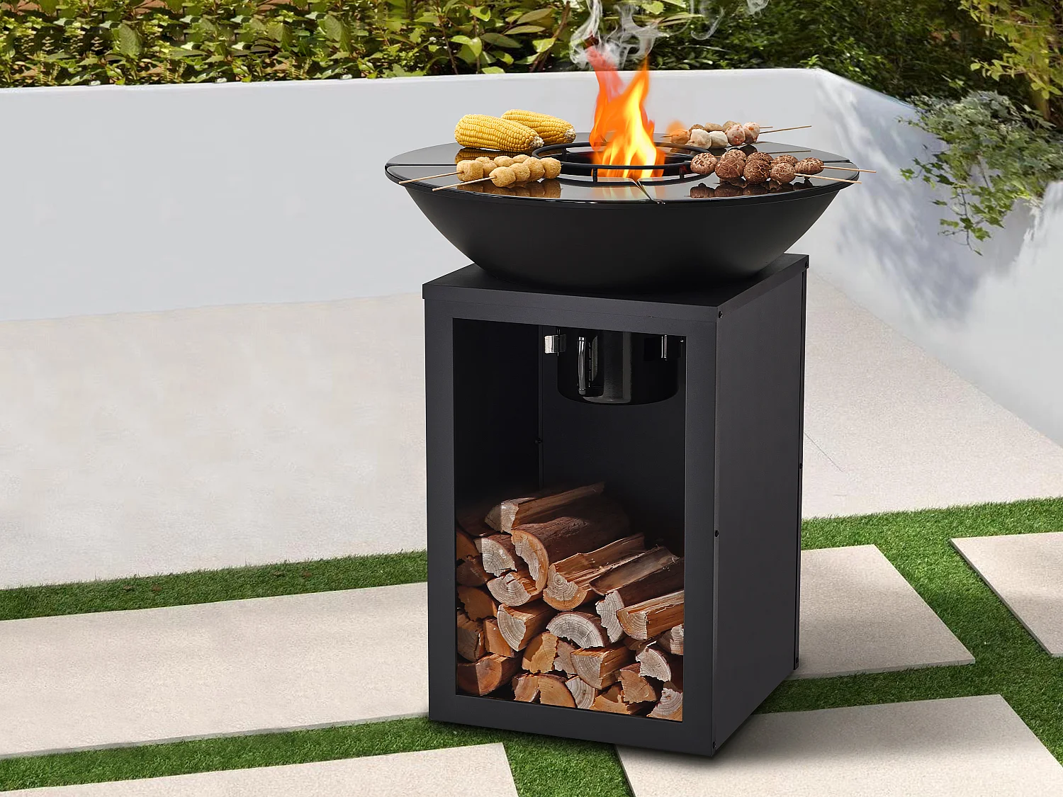 Barbecue plancha brasero op houtskool en hout met opbergruimte 80 x 80 x 96 cm, zwart IGNOS
