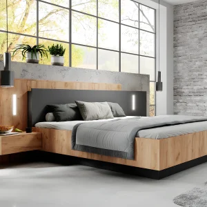 Bed met nachtkastjes 160 x 200 cm ledverlichting naturel en antraciet + bedbodem + matras – FRANCOLI