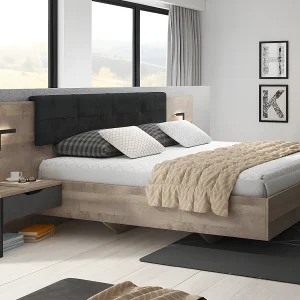 Bed met nachtkastjes 160 x 200 cm ledverlichting naturel en antraciet + bedbodem + matras – LAONILE