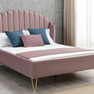 Bed met hoofdbord met golfpatroon 140 x 190 cm Oudroze velours met vintage-charme + matras SAGALI Bed met hoofdbord met golfpatroon 140 x 190 cm Oudroze velours met vintage-charme + matras SAGALI