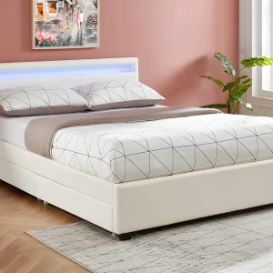 Bed 140 x 190 cm met opbergruimte – Wit kunstleer met ledlampen + matras – Koop nu Bed 140 x 190 cm met opbergruimte – Wit kunstleer met ledlampen + matras – Koop nu