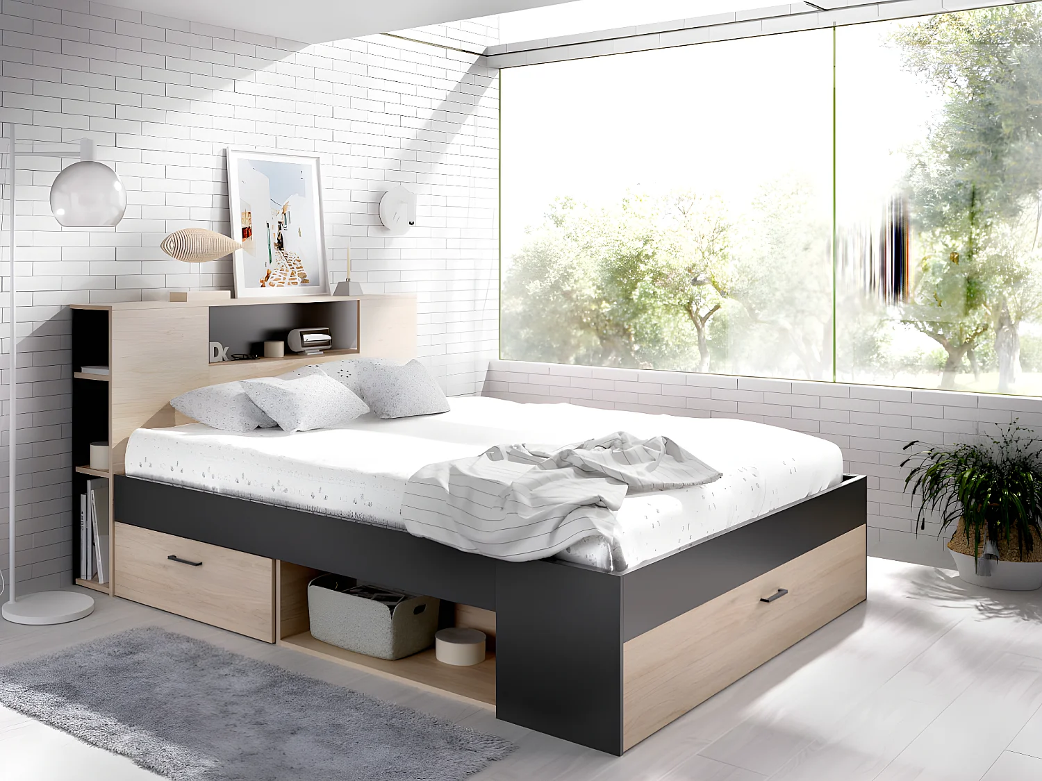 Bed met opbergruimte 140 x 190 cm Kleur: naturel en antraciet + bedbodem - LEANDRE