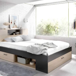 Compleet bed LEANDRE – 140 x 190 cm – eiken en antraciet