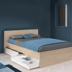 Bed met 2 lades 140 x 190 cm in houtlook en glanzend wit – VELONA Bed met 2 lades 140 x 190 cm in houtlook en glanzend wit – VELONA
