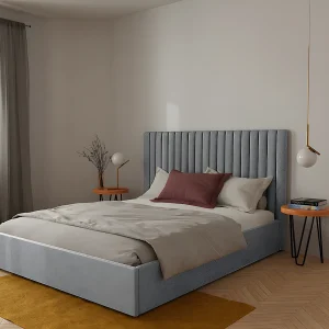 Bed met opbergruimte met hoofdbord van grijze stof 160 x 200 cm + matras SARAH Bed met opbergruimte met hoofdbord van grijze stof 160 x 200 cm + matras SARAH