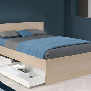 Bed met 2 laden 140 x 190 cm natuurlijk en glanzend wit + lattenbodem + matras – VELONA Bed met 2 laden 140 x 190 cm natuurlijk en glanzend wit + lattenbodem + matras – VELONA