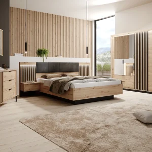 Bed + nachtkastjes 160 x 200 cm ledverlichting, naturel en zwart + lattenbodem – ARIADA Bed + nachtkastjes 160 x 200 cm ledverlichting, naturel en zwart + lattenbodem – ARIADA