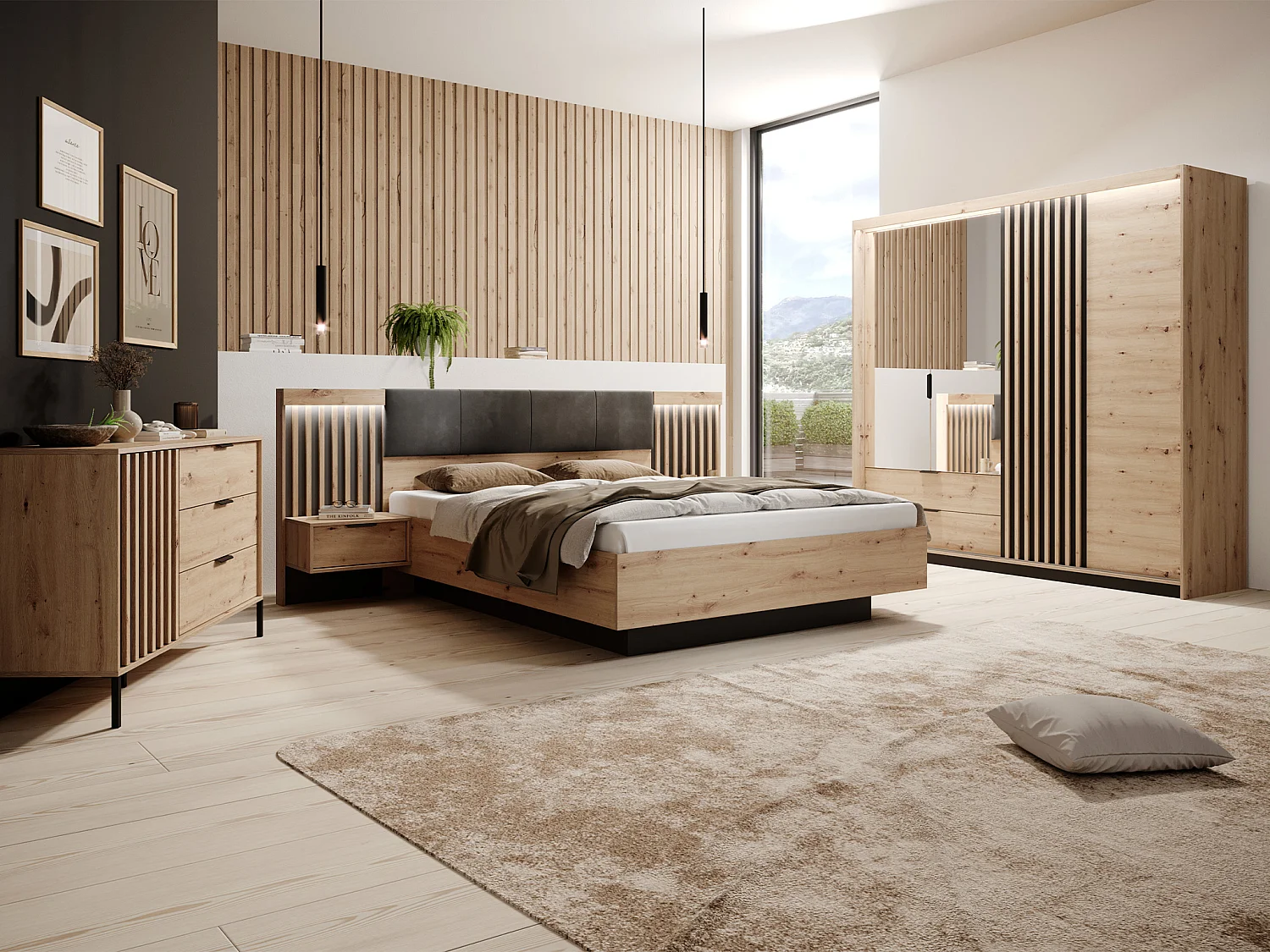 Bed + nachtkastjes 160 x 200 cm ledverlichting, naturel en zwart + lattenbodem - ARIADA