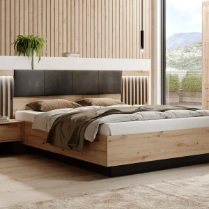 Bed + nachtkastjes 160 x 200 cm ledverlichting, naturel en zwart + lattenbodem + matras – ARIADA Bed + nachtkastjes 160 x 200 cm ledverlichting, naturel en zwart + lattenbodem + matras – ARIADA