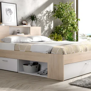 Bed met opbergruimte 140 x 190 cm Kleur: naturel en wit + bedbodem + matras – LEANDRE Bed met opbergruimte 140 x 190 cm Kleur: naturel en wit + bedbodem + matras – LEANDRE