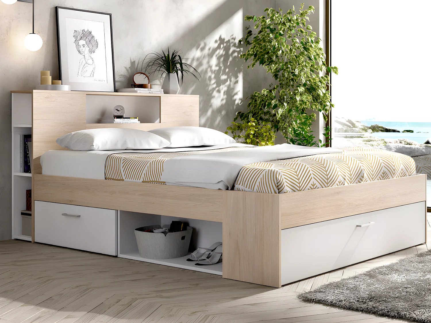 Bed met opbergruimte 140 x 190 cm Kleur: naturel en wit + bedbodem + matras - LEANDRE