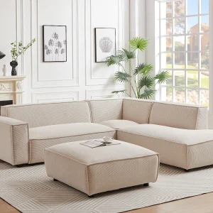 Grote hoekbank met hoek rechts van beige ribfluweel BORORE