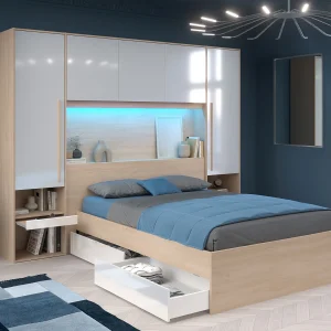 Bed met opbergruimte 140 x 190 cm met ledverlichting, naturelkleurig en glanzend wit – VELONA Bed met opbergruimte 140 x 190 cm met ledverlichting, naturelkleurig en glanzend wit – VELONA