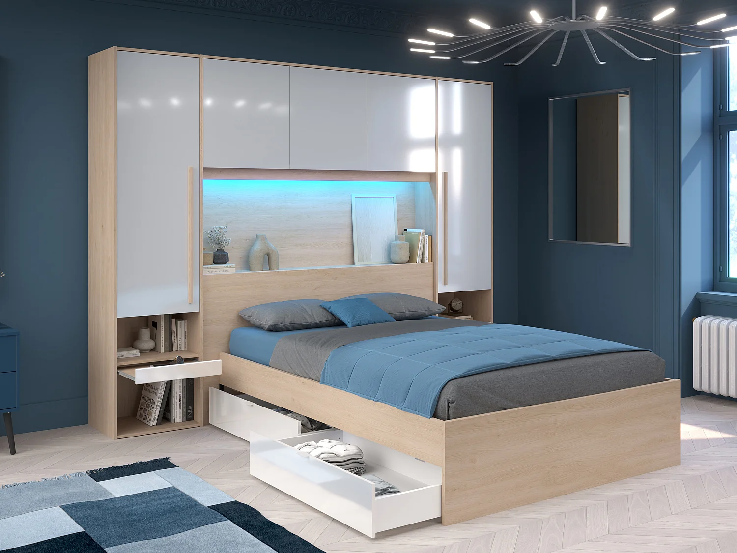 Bed met opbergruimte 140 x 190 cm met ledverlichting, naturelkleurig en glanzend wit - VELONA
