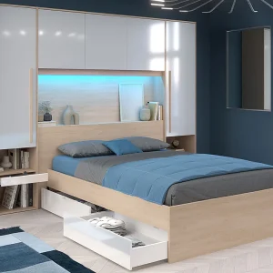Bed met opbergruimte 140 x 190 cm met ledverlichting, naturelkleurig en wit + bedbodem en matras – VELONA Bed met opbergruimte 140 x 190 cm met ledverlichting, naturelkleurig en wit + bedbodem en matras – VELONA
