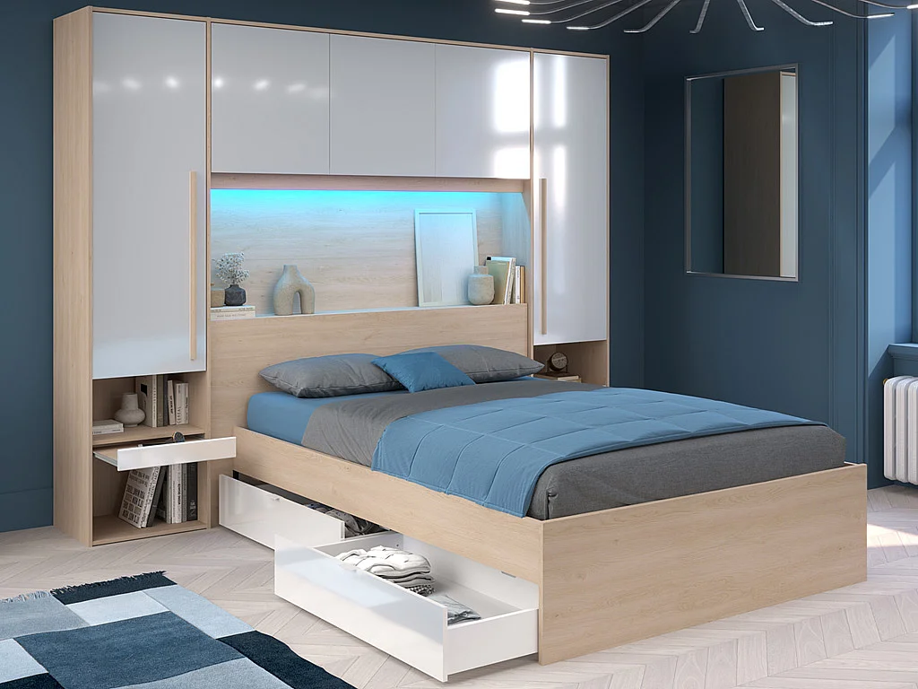 Bed met opbergruimte 140 x 190 cm met ledverlichting, naturelkleurig en wit + bedbodem en matras - VELONA