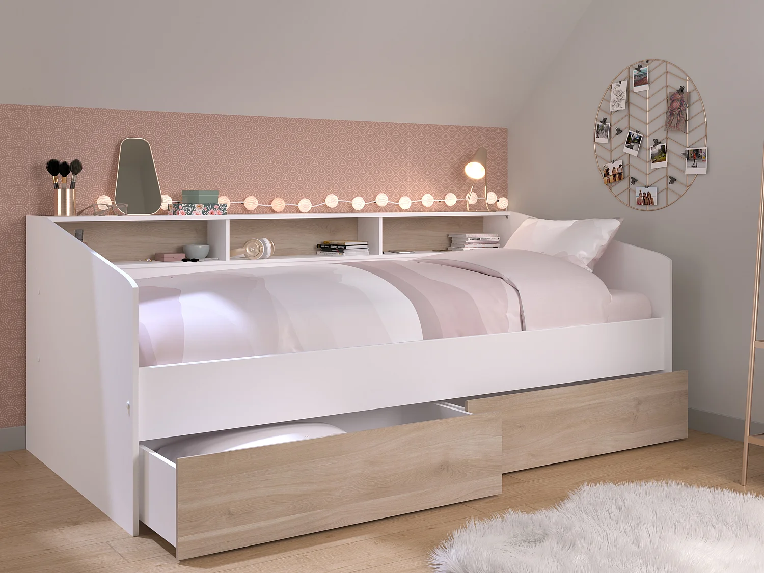 Bed 90 x 190/200 cm met lades en planken, wit en naturel - PAULETTE