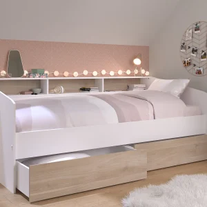 Bed 90 x 200 cm met laden en planken – Wit en natuurlijk + Lattenbodem – PAULETTE Bed 90 x 200 cm met laden en planken – Wit en natuurlijk + Lattenbodem – PAULETTE