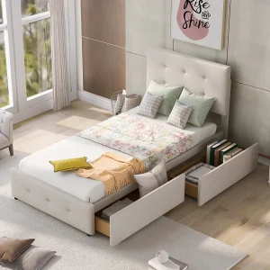 Bed met hoofdeinde en 2 lades – 90 x 200 cm – lattenbodem – beige Bed met hoofdeinde en 2 lades – 90 x 200 cm – lattenbodem – beige