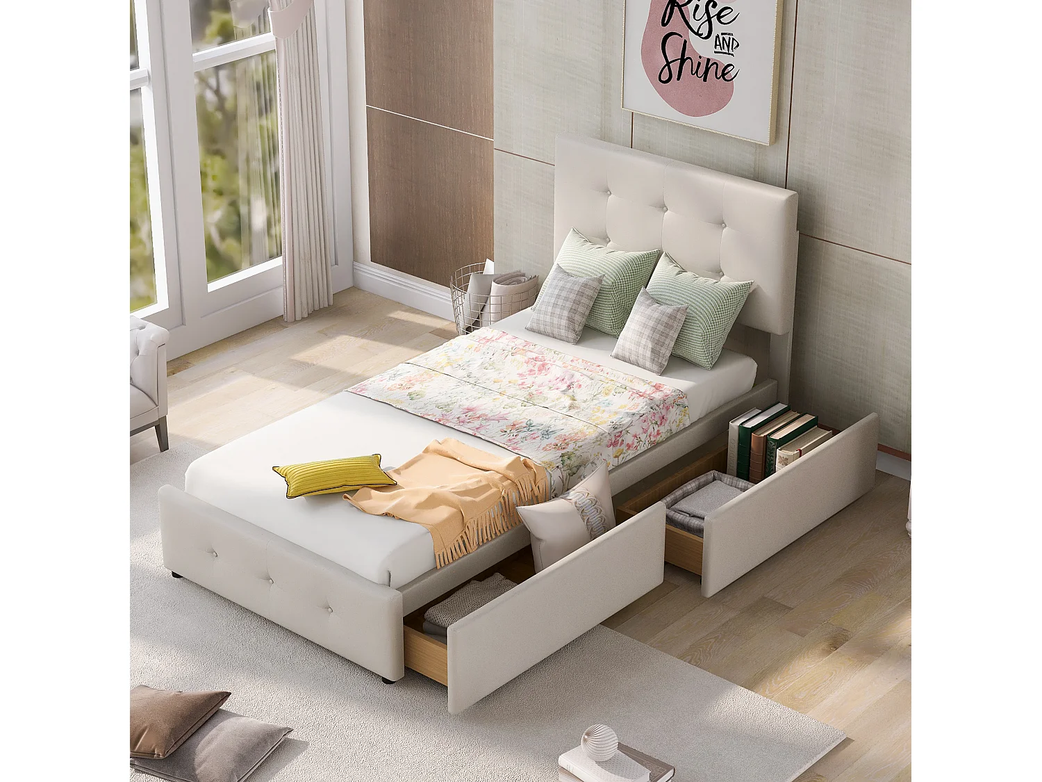 Bed met hoofdeinde en 2 lades - 90 x 200 cm - lattenbodem - beige