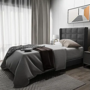Bed met verstelbaar hoofdeinde – 90 x 200 cm – linnen stof – lattenbodem – grijs