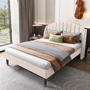 Bed met verstelbaar hoofdeinde – 140 x 190 cm – fluweel – lattenbodem – beige kleur Bed met verstelbaar hoofdeinde – 140 x 190 cm – fluweel – lattenbodem – beige kleur
