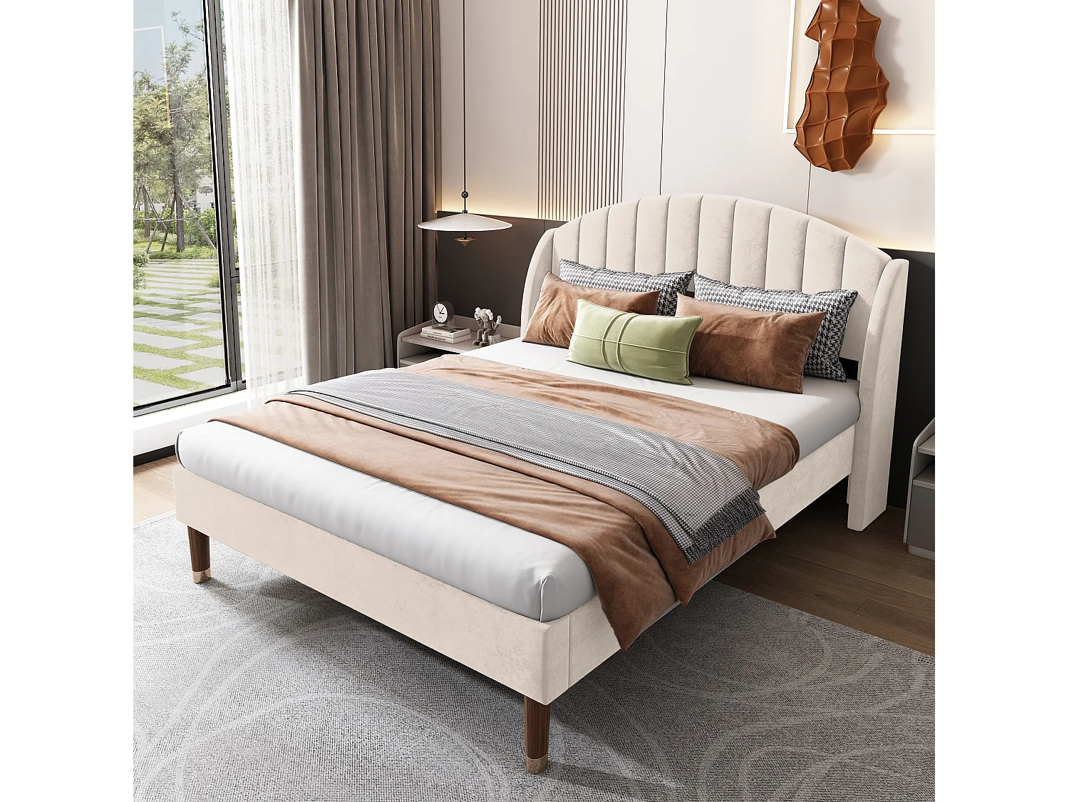 Bed met verstelbaar hoofdeinde - 140 x 190 cm - fluweel - lattenbodem - beige kleur