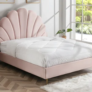 Bed met schelpvorm 140 x 190 cm van roze velours + matras – LIVAYA Bed met schelpvorm 140 x 190 cm van roze velours + matras – LIVAYA