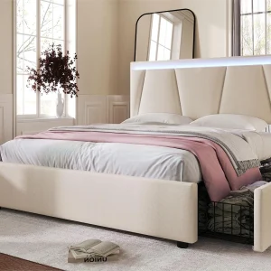 Bed met verstelbaar hoofdeinde – 140 x 200 cm – 4 lades – LED's – Linnen stof – beige kleur Bed met verstelbaar hoofdeinde – 140 x 200 cm – 4 lades – LED's – Linnen stof – beige kleur