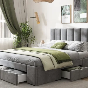 Bed met hoofdeinde – 140 x 200 cm – 4 lades – fluweel – lattenbodem – kleur grijs Bed met hoofdeinde – 140 x 200 cm – 4 lades – fluweel – lattenbodem – kleur grijs