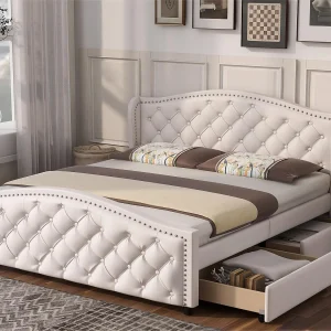 Bed met hoofdeinde – 140 x 200 cm – 2 laden – PU – lattenbodem – kleur wit Bed met hoofdeinde – 140 x 200 cm – 2 laden – PU – lattenbodem – kleur wit