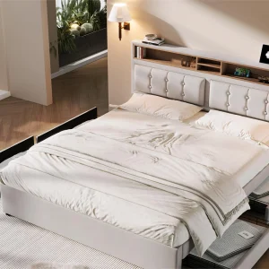 Bed met verstelbaar hoofdeinde – 140 x 200 cm – 4 laden, planken en USB C-aansluiting – linnen stof – beige kleur Bed met verstelbaar hoofdeinde – 140 x 200 cm – 4 laden, planken en USB C-aansluiting – linnen stof – beige kleur
